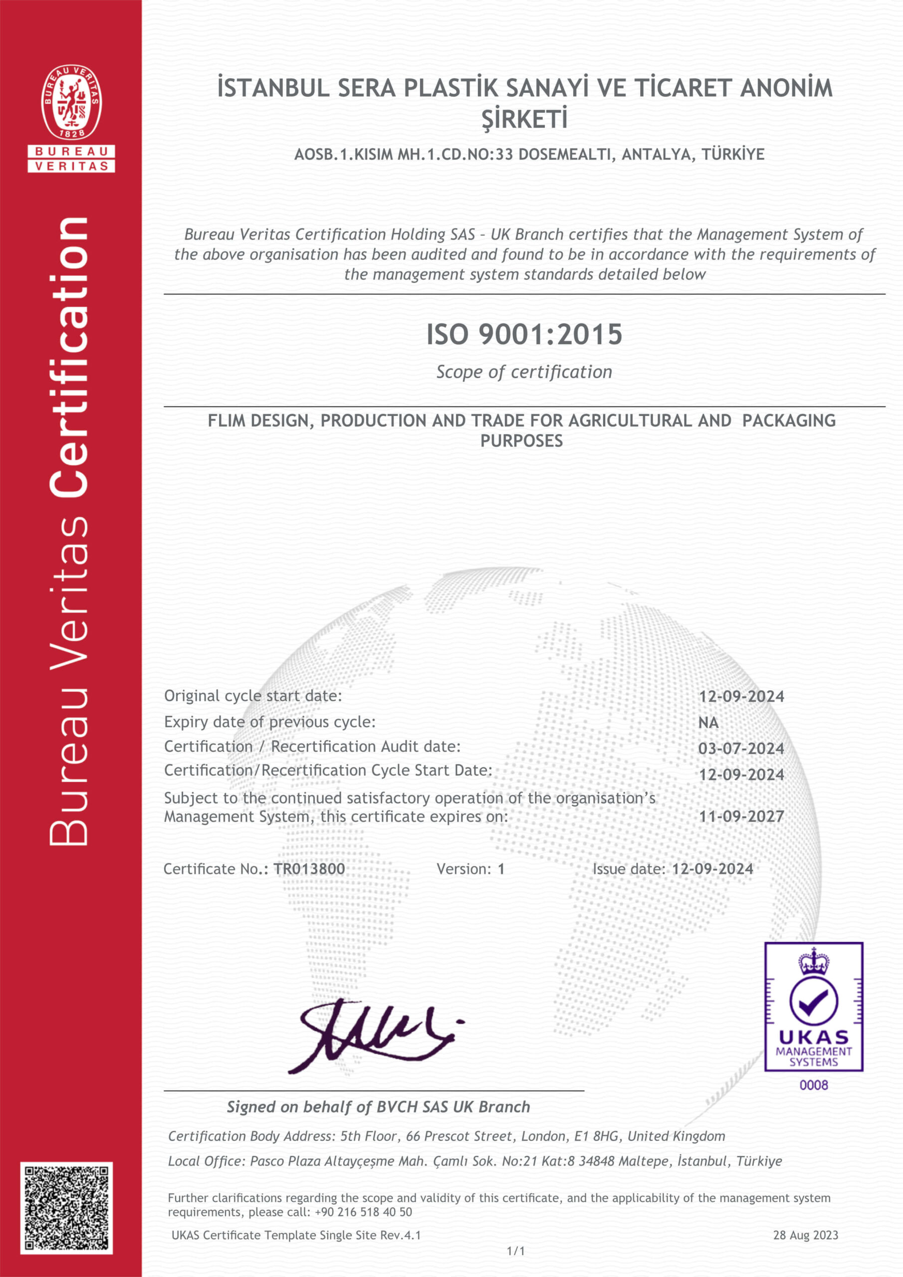 SERA Plastik mezőgazdasági sátorfólia ISO 9001 tanúsítvány